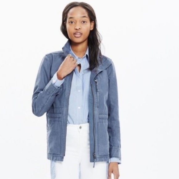 Madewell Fleet Utility Jacket Coat Ink Blue Denim Twill Gray Zip Light Military - Picture 1 of 3